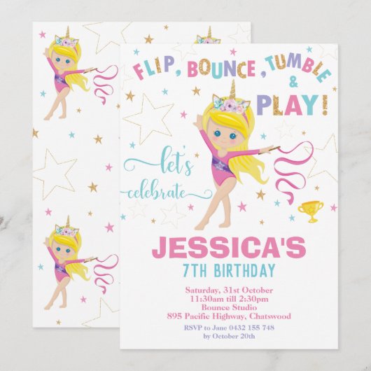 Invitation Gymnastique Fête d'anniversaire Unicorn Blonde Gir (Devant / Derrière)