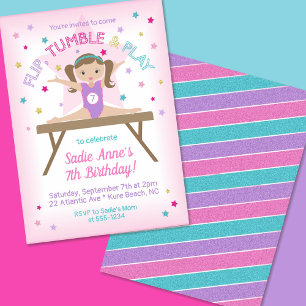 Invitation Gymnastique Jump fête d'anniversaire Brunette