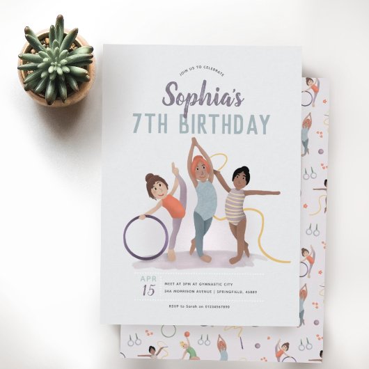 Invitation Gymnastique mignonne violette 7e anniversaire
