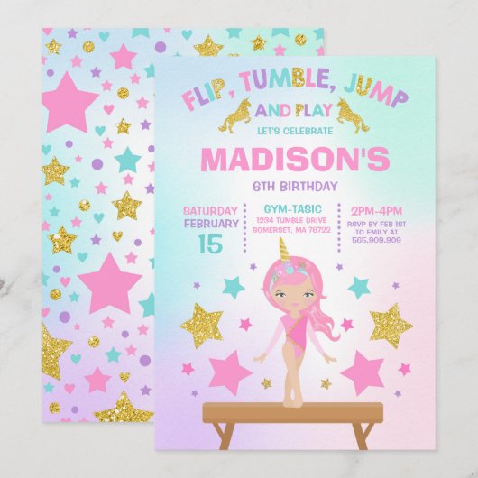 Invitation Gymnastique Unicorne Gymnastique Party (Devant / Derrière)