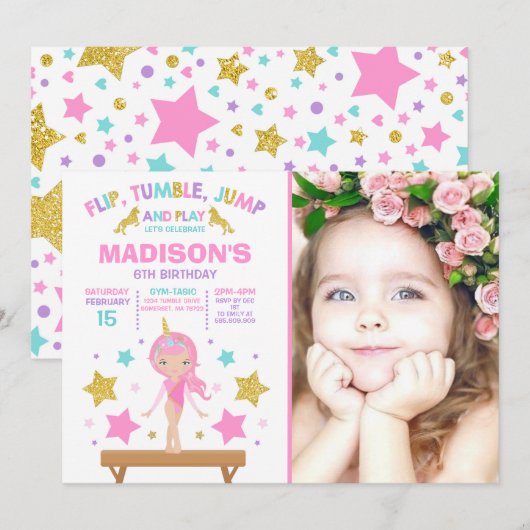 Invitation Gymnastique Unicorne Gymnastique Party (Devant / Derrière)