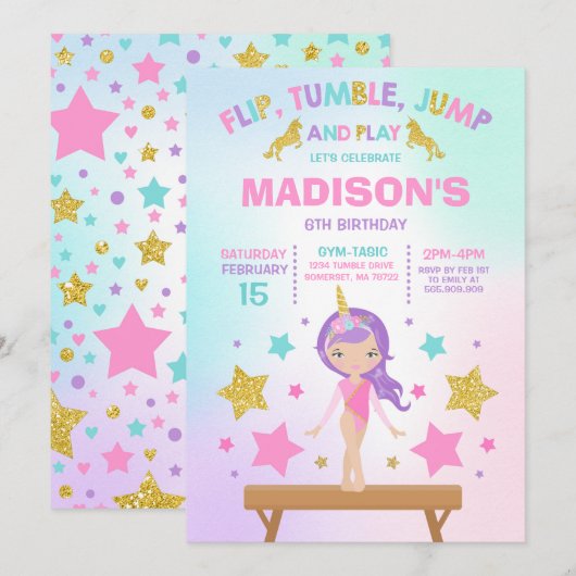 Invitation Gymnastique Unicorne Gymnastique Party (Devant / Derrière)