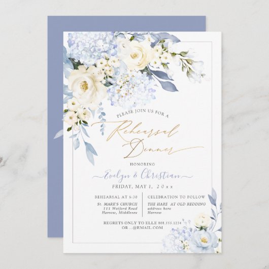 Invitation H2 Blue Hydrangea Crème Dîner de répétition Roses (Devant / Derrière)