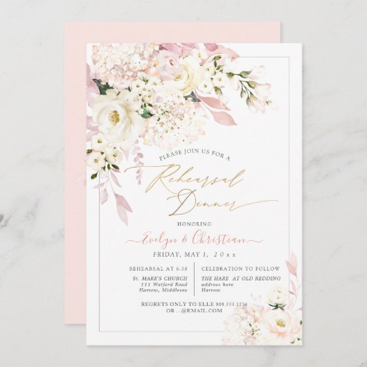 Invitation H2 Blush Hydrangea Crème Dîner de répétition Roses (Devant / Derrière)
