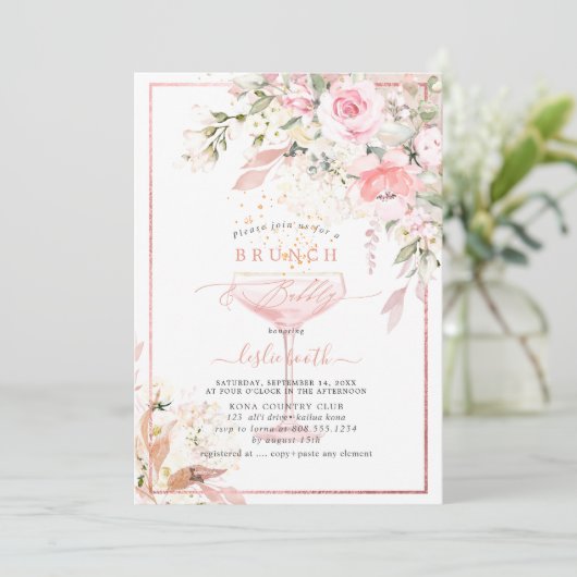 Invitation H2 Dusty Rose Blush Hydrangea Brunch Bubbly Invit (Debout devant)