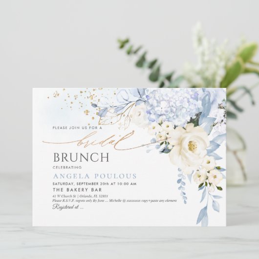 Invitation H2 Fleurs Bleu glacé Blanc Brunch nuptial (Debout devant)