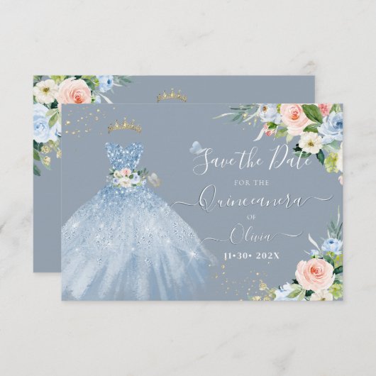 Invitation H2 Robe rose bleue étincelante Quinceanera Date de (Devant / Derrière)
