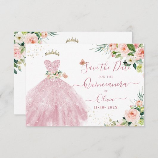 Invitation H2 Robe rose mousseuse Quinceanera Date de sauvega (Devant / Derrière)