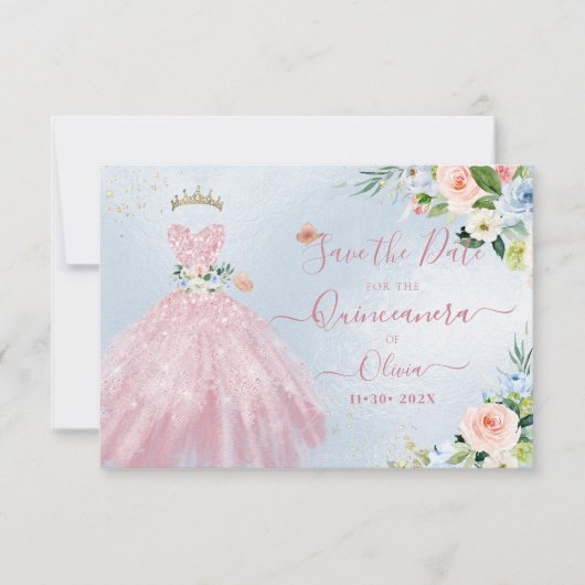 Invitation H2 Robe rose mousseuse Quinceanera Date de sauvega (Devant)