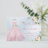 Invitation H2 Robe rose mousseuse Quinceanera Date de sauvega (Debout devant)