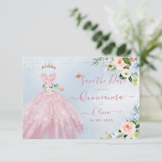 Invitation H2 Robe rose mousseuse Quinceanera Date de sauvega (Debout devant)