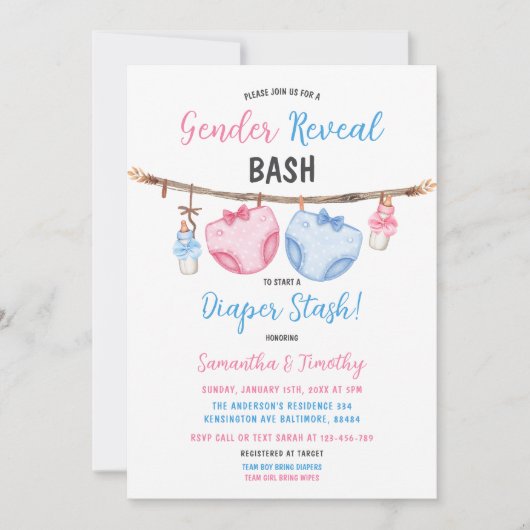 Invitation Habillement de papier de couche Lui ou elle Révéla (Devant)