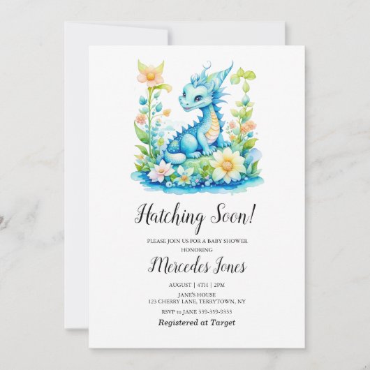 Invitation Hachage Floral Dragon Bleu Bientôt Baby shower (Devant)