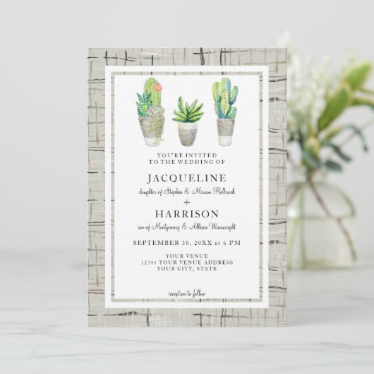 Invitation Hacienda Style Cactus Cour en Mariage gris (Debout devant)