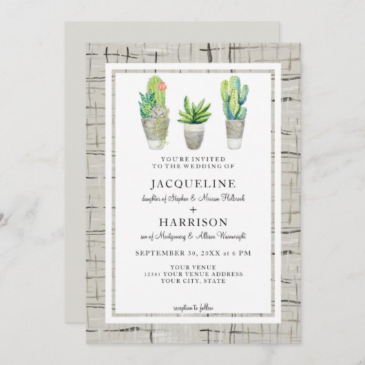 Invitation Hacienda Style Cactus Cour en Mariage gris (Devant / Derrière)