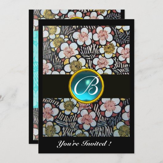 INVITATION HAIKU/ FLEURS DE PRINTEMPS BLEU TURQUOISE GEM MONO (Devant / Derrière)