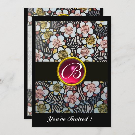 INVITATION HAIKU/FLEURS DU PRINTEMPS, MONOGRAMME DE RUBY DE F (Devant / Derrière)