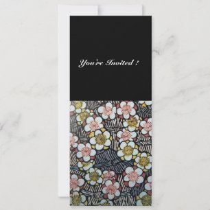 INVITATION HAIKU/ NOIR BLANC JAUNE ROSE FLEURS DE PRINTEMPS