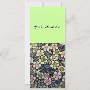 INVITATION HAIKU/ NOIR BLANC JAUNE VERT FLEURS DE PRINTEMPS