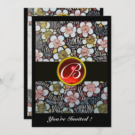 Invitation HAIKU ROUGE RUBIS MONOGRAMME blanc marron noir (Devant / Derrière)