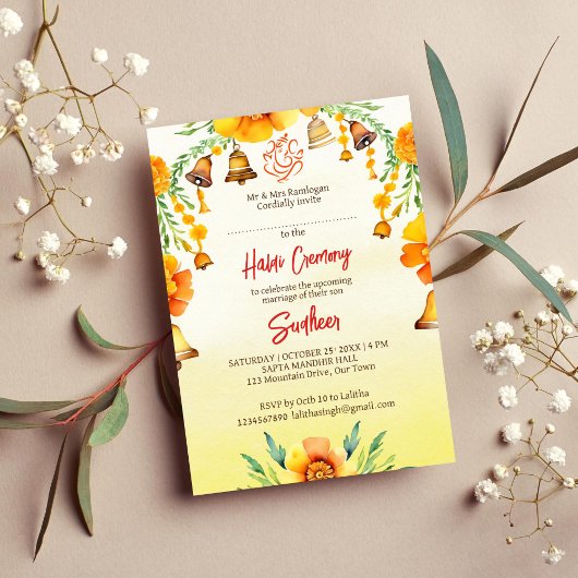 Invitation Haldi marigolds et cloches mariage indien modèle