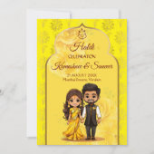 Invitation Haldi Sanget, mignon dessin de couple indien marié (Devant)