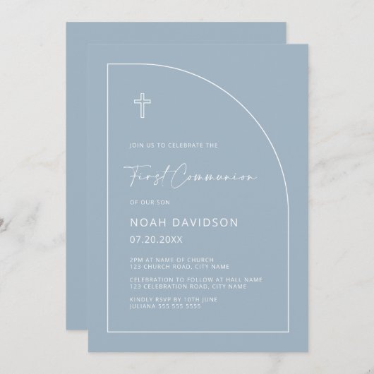 Invitation Half Arc Outline Bleu clair Première communion (Devant / Derrière)