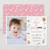 Invitation Halloween 1er anniversaire Pink éffrayante photo (Devant / Derrière)