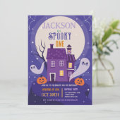 Invitation Halloween 1er Fantômes Une Maison Bleue Fête Hanté (Debout devant)