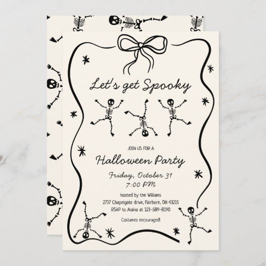Invitation Halloween à la main de Whimsical Drake Skeleton Bo (Devant / Derrière)