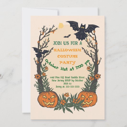 Invitation Halloween amusant avec citrouilles, chauves-souris (Devant)