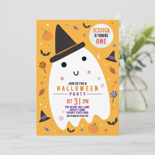 Invitation Halloween Anniversaire Fantôme heureux (Debout devant)