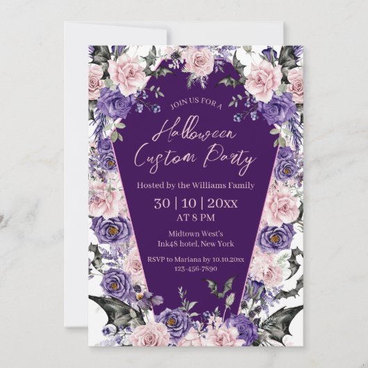 Invitation halloween aquarelle florale violet rose (Devant)