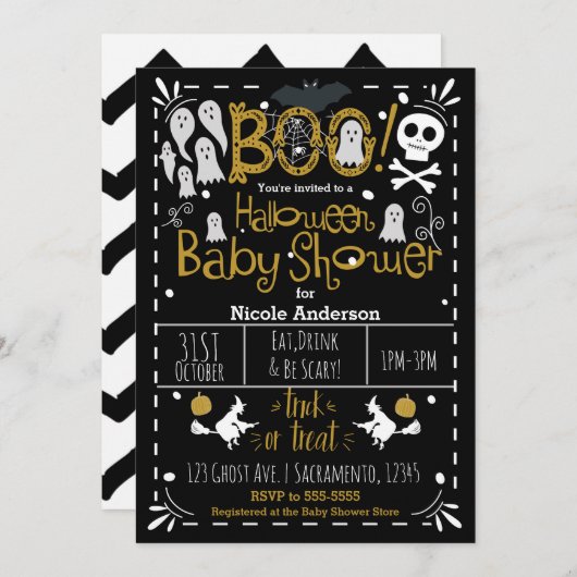 Invitation Halloween Baby shower moderne main lunaire tiré (Devant / Derrière)