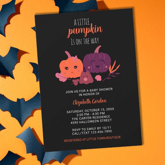 Invitation Halloween Baby shower petit Citrouille noir