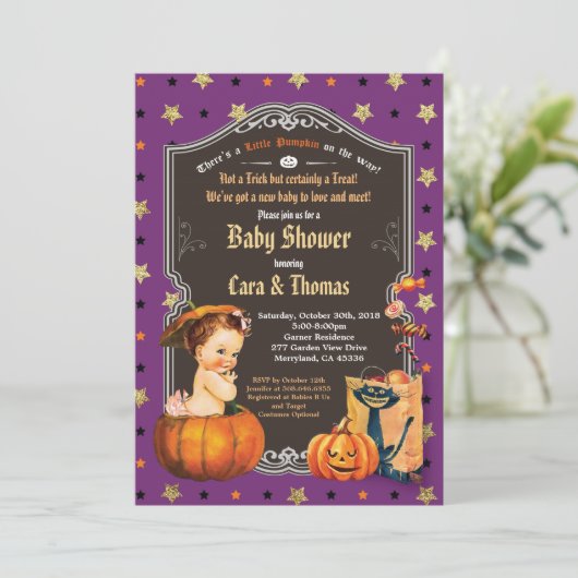 Invitation Halloween bébé fille douche violet or orange (Debout devant)