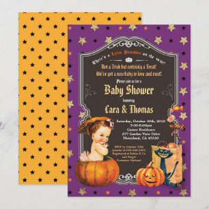 Invitation Halloween bébé fille douche violet or orange