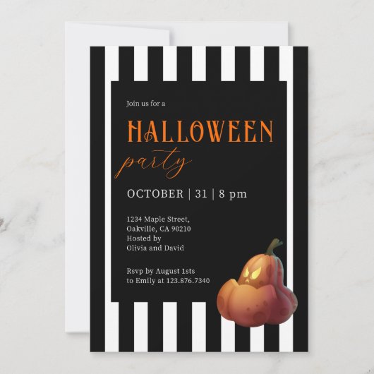 Invitation Halloween Black et White Stried Citrouille Party (Devant)