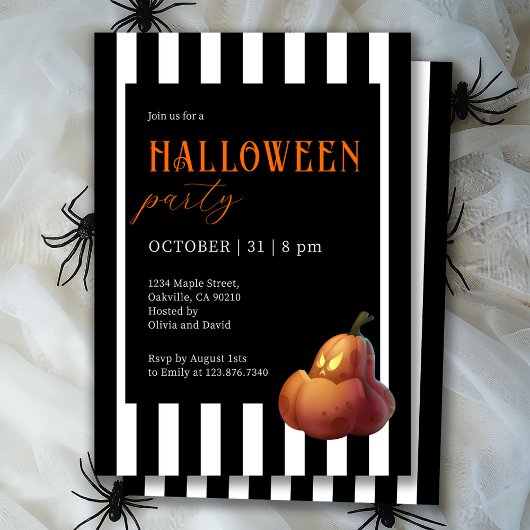 Invitation Halloween Black et White Stried Citrouille Party