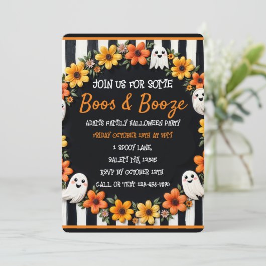 Invitation Halloween 'Boos & Booze' Personnalisé Fantôme & Fl (Debout devant)