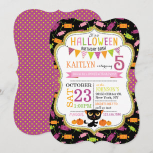 Invitation Halloween Candy Chat noir Citrouilles Anniversaire