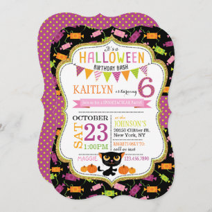 Invitation Halloween Candy Chat noir Citrouilles Anniversaire
