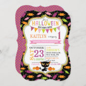 Invitation Halloween Candy Chat noir Citrouilles Anniversaire (Devant / Derrière)