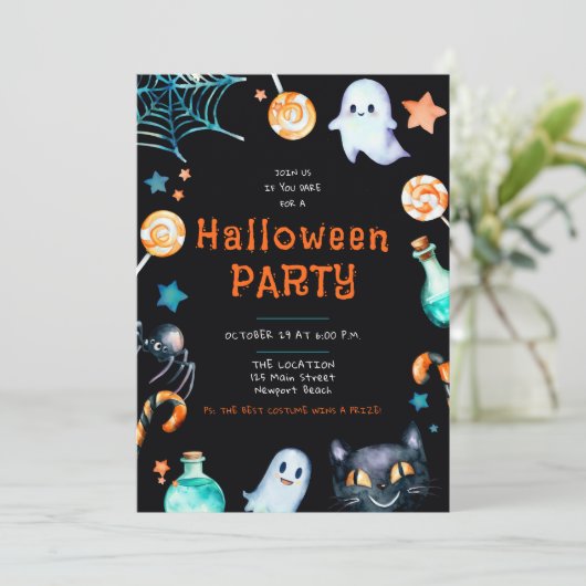 Invitation Halloween Candy Frame Black Cat House (Debout devant)