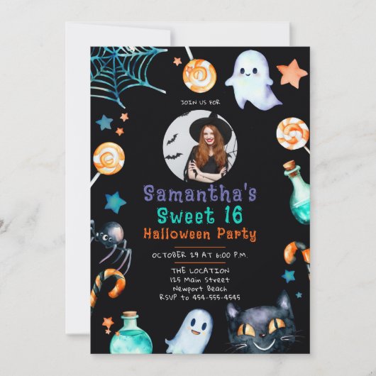 Invitation Halloween Candy Frame Ghost Black Sweet 16 Photo (Devant)