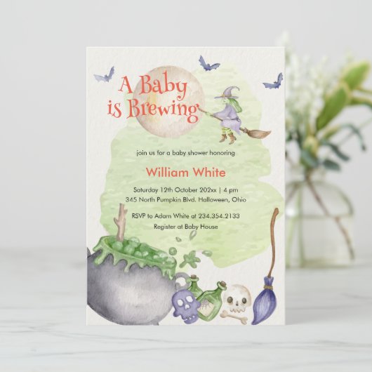 Invitation Halloween Cauldron Baby brasse une douche (Debout devant)