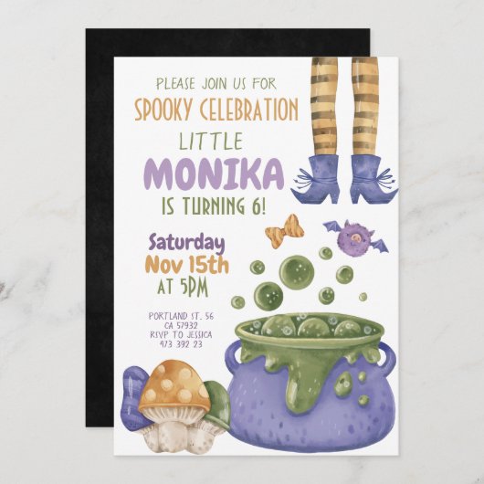 Invitation Halloween Cauldron pourpre sorcière Anniversaire (Devant / Derrière)