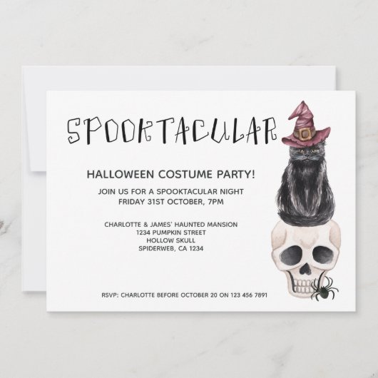 Invitation Halloween Chat Noir Spooktaculaire Sur Un Crâne (Devant)