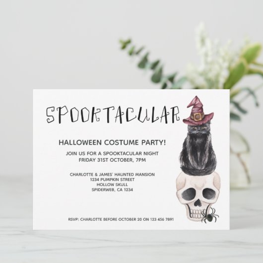 Invitation Halloween Chat Noir Spooktaculaire Sur Un Crâne (Debout devant)