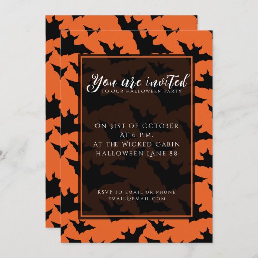 Invitation Halloween chauves-souris noires orange cool éffray (Devant / Derrière)